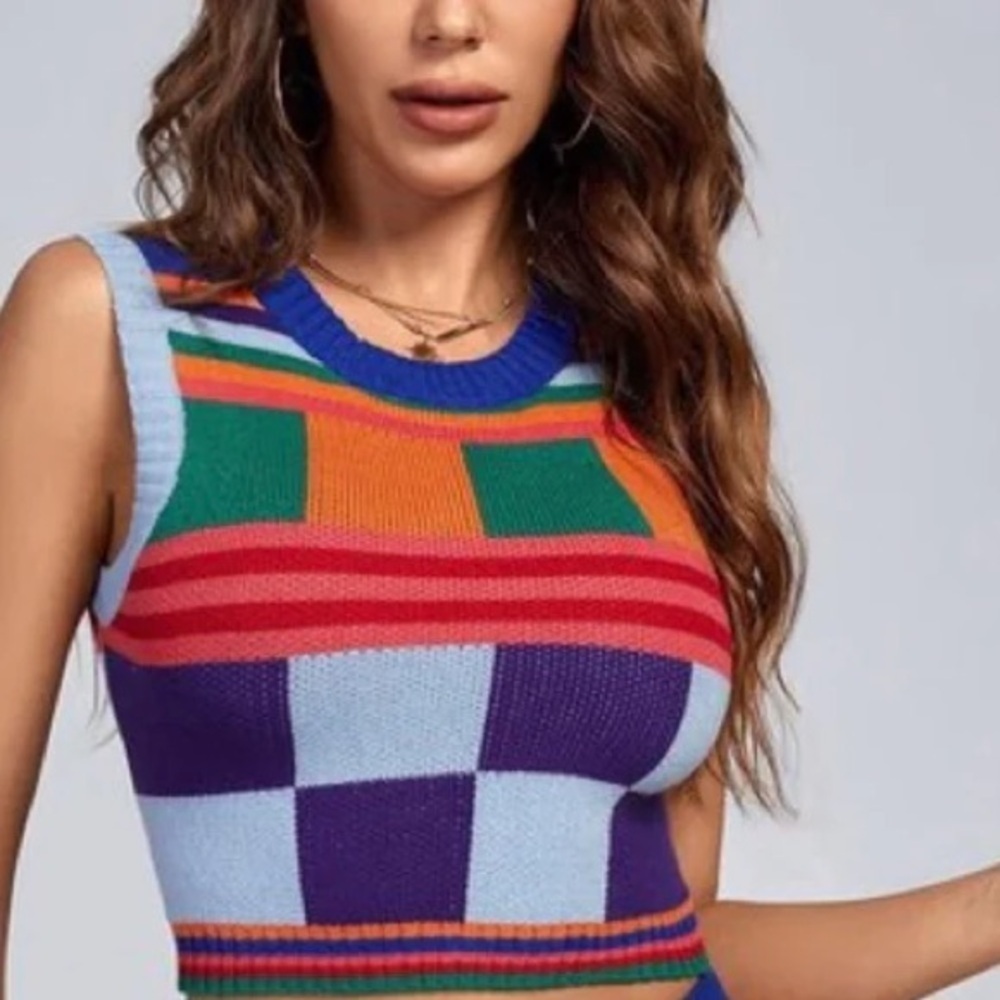 Zara Multicolor Knit Crop Vest - Blue, Purple, Red, Green, Orange